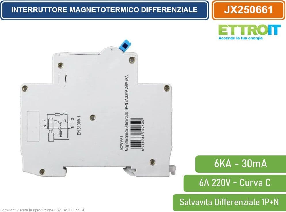 ETTROIT INTERRUTTORE MAGNETOTERMICO DIFFERENZIALE SALVAVITA PER BARRA DIN 1 MODULO 1P+N 20A 30mA 220V-6KA - 3