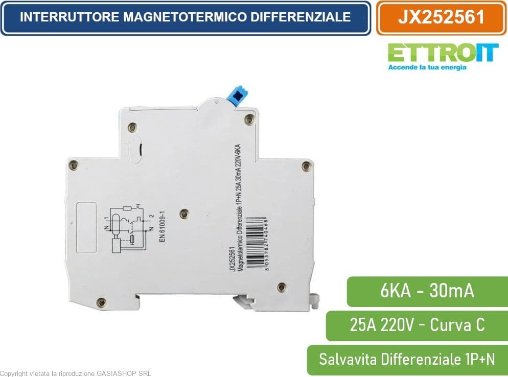 ETTROIT INTERRUTTORE MAGNETOTERMICO DIFFERENZIALE SALVAVITA PER BARRA DIN 1 MODULO 1P+N 25A 30mA 220V-6KA - 2