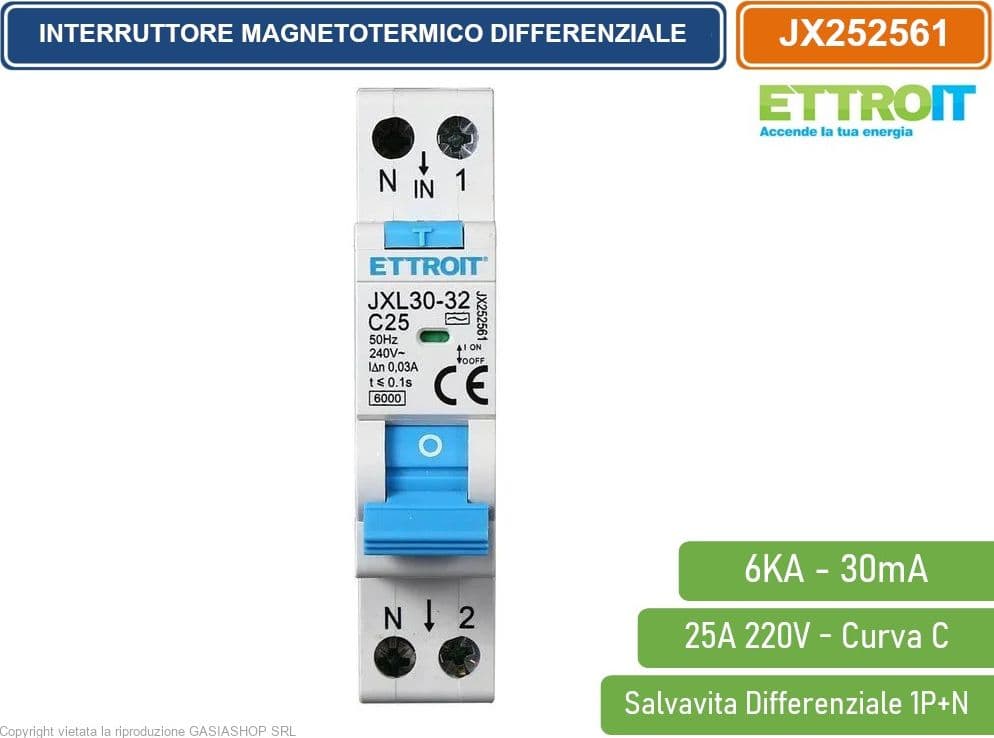 ETTROIT INTERRUTTORE MAGNETOTERMICO DIFFERENZIALE SALVAVITA PER BARRA DIN 1 MODULO 1P+N 25A 30mA 220V-6KA - 3