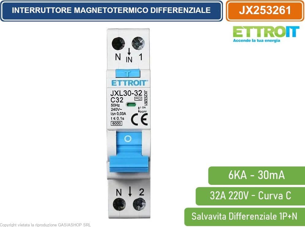 ETTROIT INTERRUTTORE MAGNETOTERMICO DIFFERENZIALE SALVAVITA PER BARRA DIN 1 MODULO 1P+N 32A 30mA 220V-6KA - 2