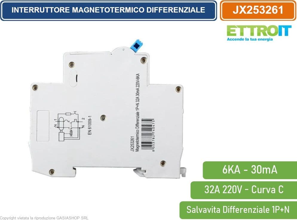 ETTROIT INTERRUTTORE MAGNETOTERMICO DIFFERENZIALE SALVAVITA PER BARRA DIN 1 MODULO 1P+N 32A 30mA 220V-6KA - 3