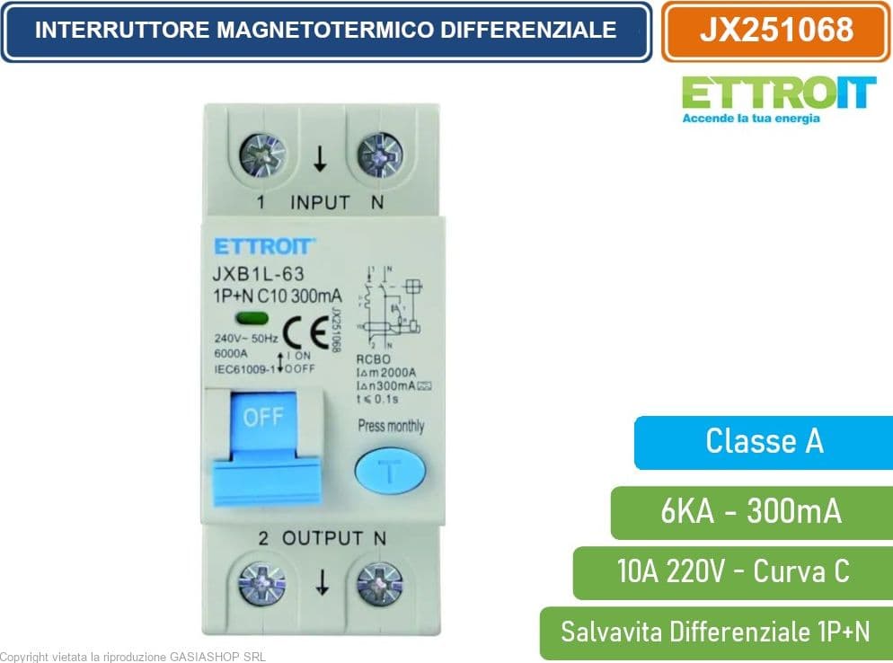 ETTROIT INTERRUTTORE MAGNETOTERMICO DIFFERENZIALE SALVAVITA CLASSE A PER BARRA DIN 2 MODULI 1P+N 10A 300mA 220V-6KA - 2