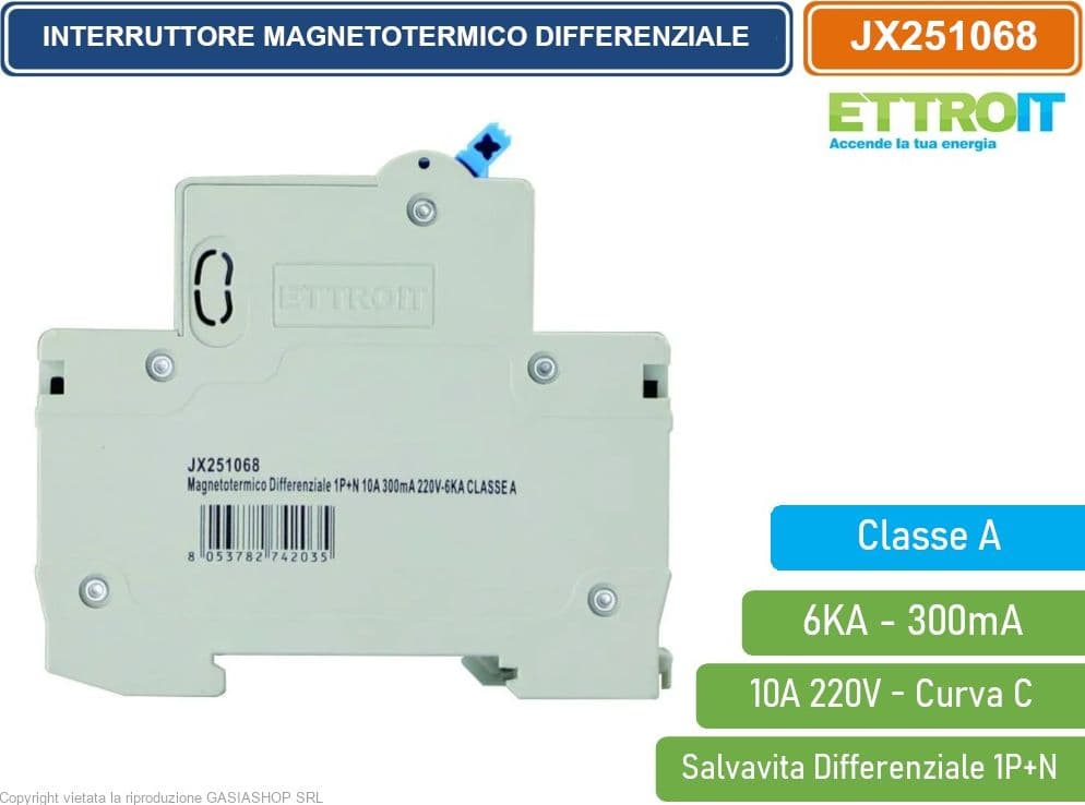 ETTROIT INTERRUTTORE MAGNETOTERMICO DIFFERENZIALE SALVAVITA CLASSE A PER BARRA DIN 2 MODULI 1P+N 10A 300mA 220V-6KA - 3