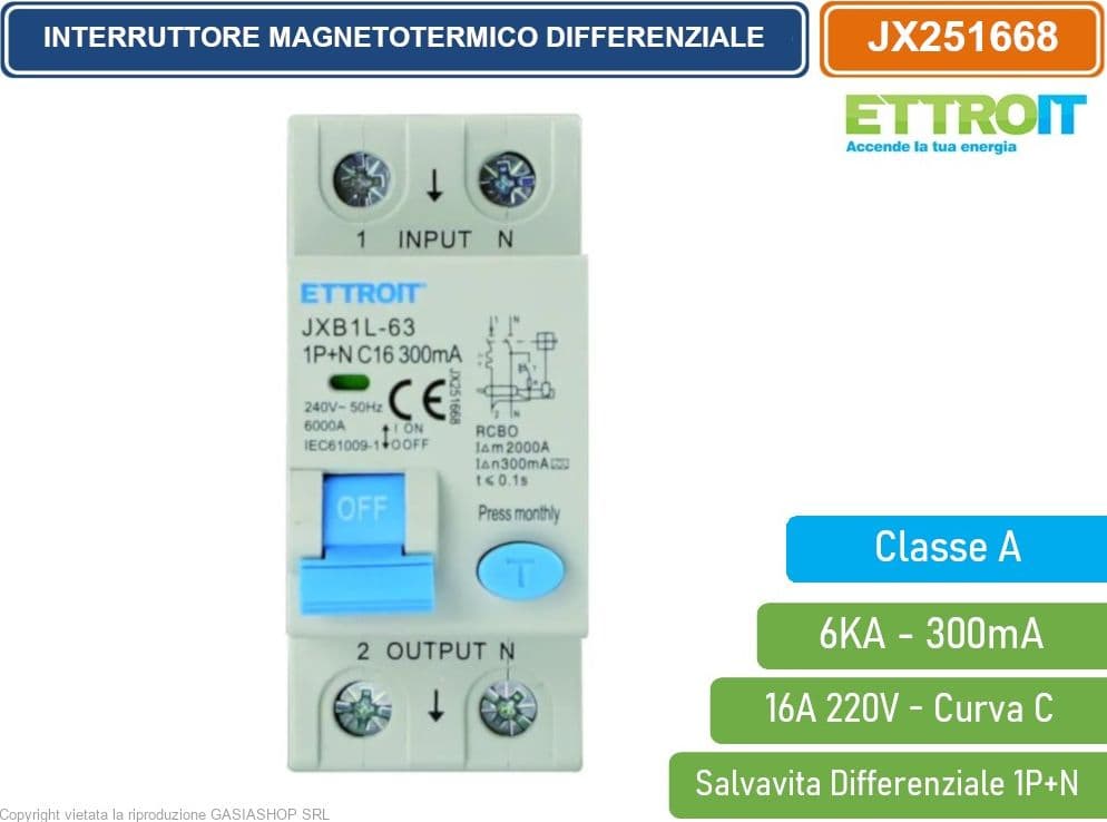 ETTROIT INTERRUTTORE MAGNETOTERMICO DIFFERENZIALE SALVAVITA CLASSE A PER BARRA DIN 2 MODULI 1P+N 16A 300mA 220V-6KA - 2