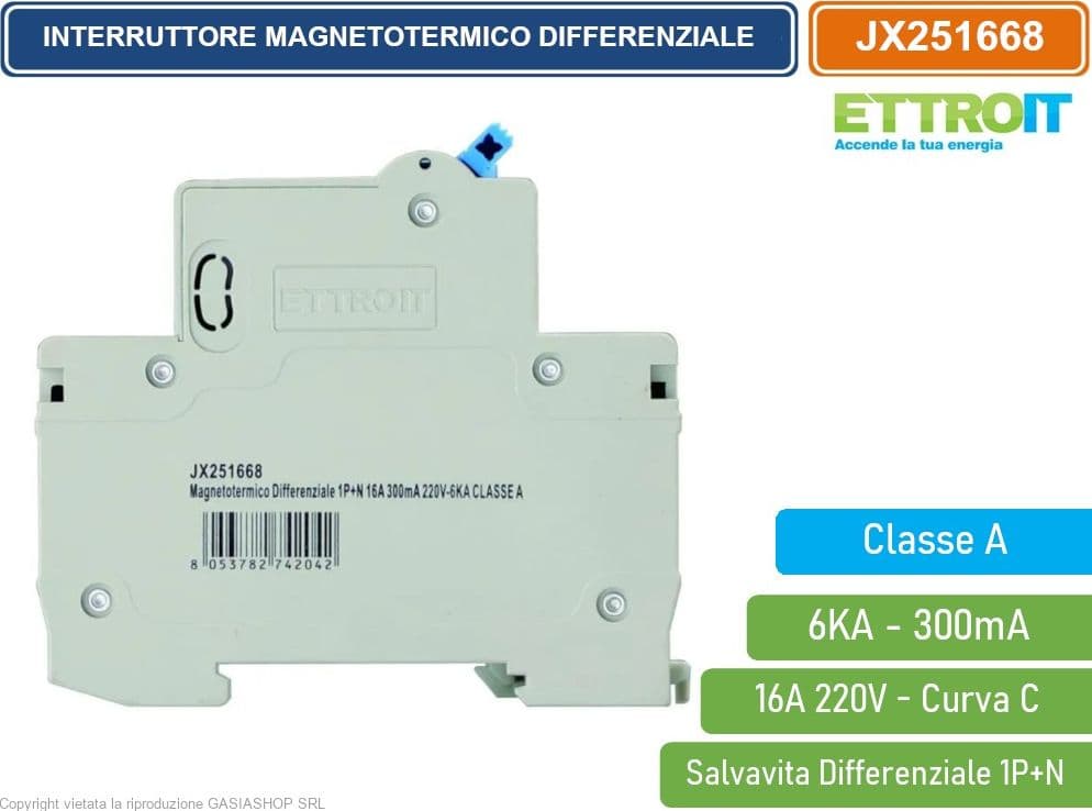ETTROIT INTERRUTTORE MAGNETOTERMICO DIFFERENZIALE SALVAVITA CLASSE A PER BARRA DIN 2 MODULI 1P+N 16A 300mA 220V-6KA - 3