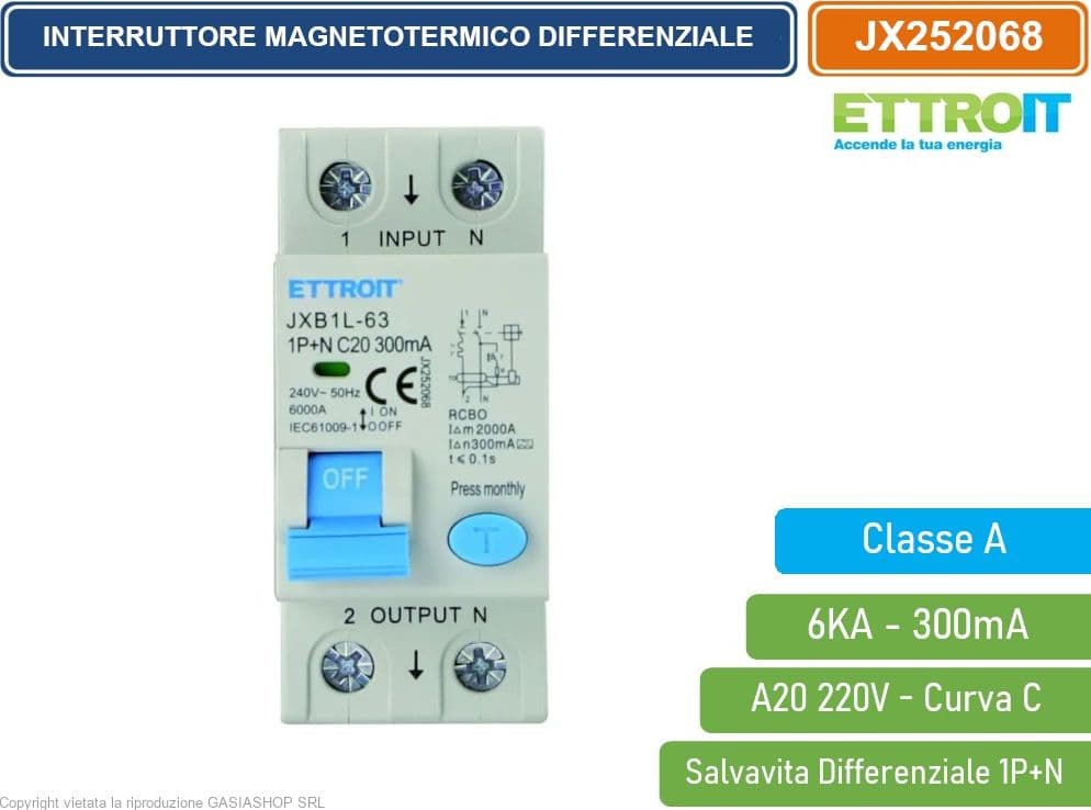 ETTROIT INTERRUTTORE MAGNETOTERMICO DIFFERENZIALE SALVAVITA CLASSE A PER BARRA DIN 2 MODULI 1P+N 20A 300mA 220V-6KA - 2