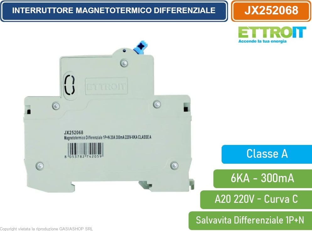 ETTROIT INTERRUTTORE MAGNETOTERMICO DIFFERENZIALE SALVAVITA CLASSE A PER BARRA DIN 2 MODULI 1P+N 20A 300mA 220V-6KA - 3