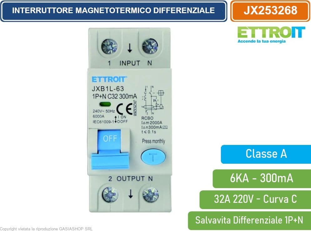 ETTROIT INTERRUTTORE MAGNETOTERMICO DIFFERENZIALE SALVAVITA CLASSE A PER BARRA DIN 2 MODULI 1P+N 32A 300mA 220V-6KA - 2