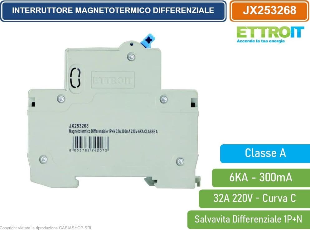 ETTROIT INTERRUTTORE MAGNETOTERMICO DIFFERENZIALE SALVAVITA CLASSE A PER BARRA DIN 2 MODULI 1P+N 32A 300mA 220V-6KA - 3