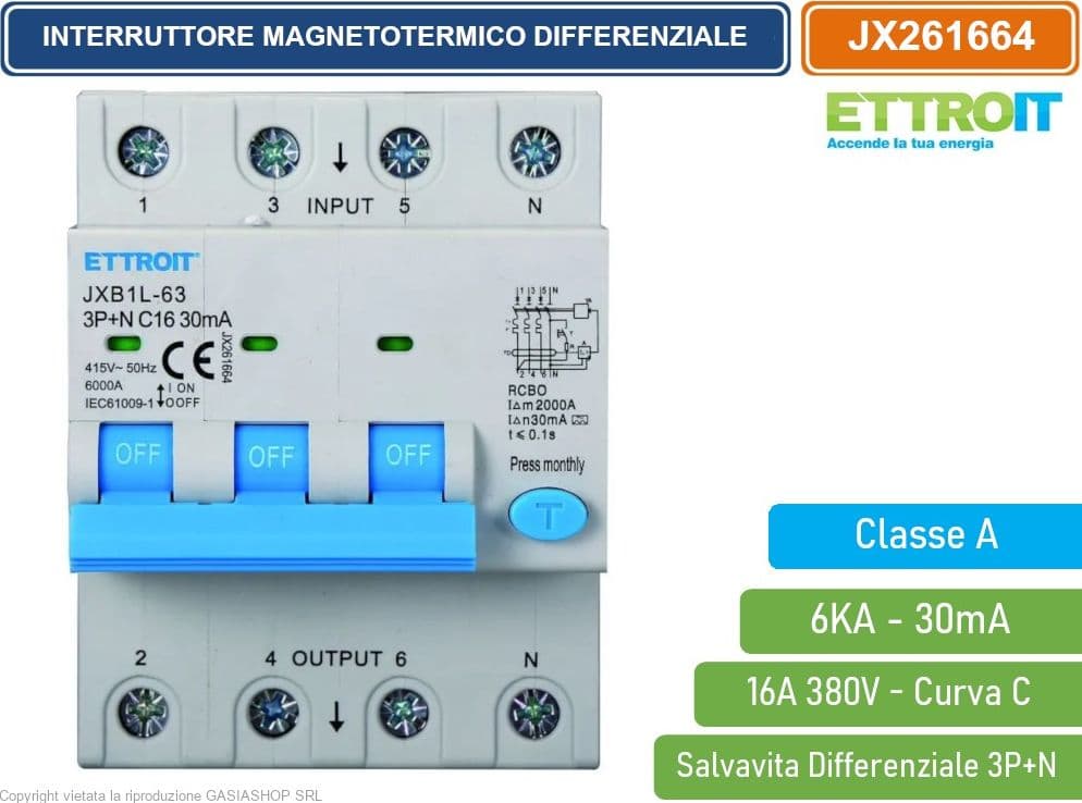 ETTROIT INTERRUTTORE MAGNETOTERMICO DIFFERENZIALE SALVAVITA CLASSE A PER BARRA DIN 4 MODULI 3P+N 16A 30mA 380V-6KA - 2