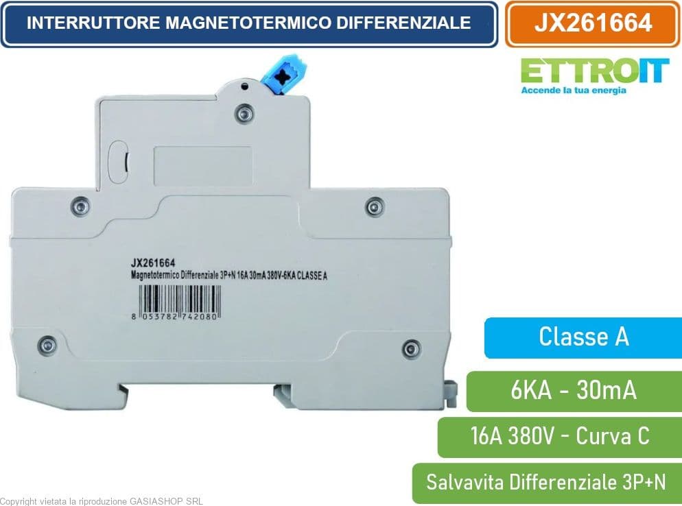 ETTROIT INTERRUTTORE MAGNETOTERMICO DIFFERENZIALE SALVAVITA CLASSE A PER BARRA DIN 4 MODULI 3P+N 16A 30mA 380V-6KA - 3