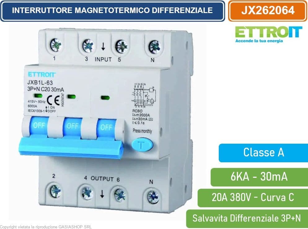 ETTROIT INTERRUTTORE MAGNETOTERMICO DIFFERENZIALE SALVAVITA CLASSE A PER BARRA DIN 4 MODULI 3P+N 20A 30mA 380V-6KA