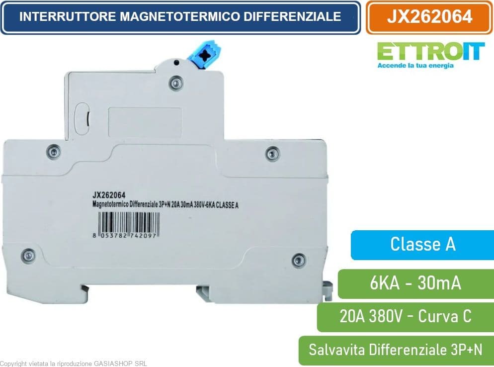 ETTROIT INTERRUTTORE MAGNETOTERMICO DIFFERENZIALE SALVAVITA CLASSE A PER BARRA DIN 4 MODULI 3P+N 20A 30mA 380V-6KA - 3