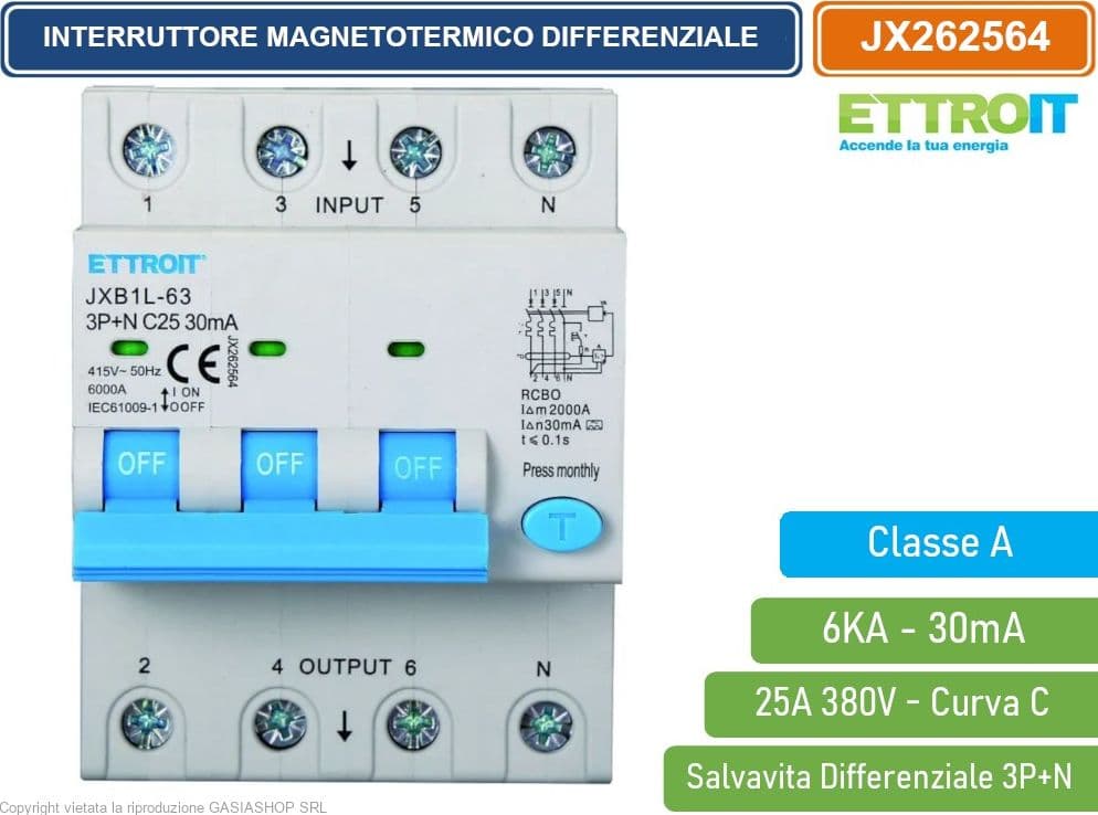 ETTROIT INTERRUTTORE MAGNETOTERMICO DIFFERENZIALE SALVAVITA CLASSE A PER BARRA DIN 4 MODULI 3P+N 25A 30mA 380V-6KA - 2