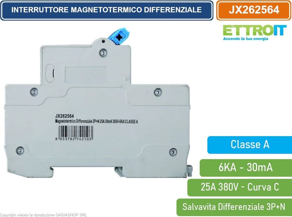 ETTROIT INTERRUTTORE MAGNETOTERMICO DIFFERENZIALE SALVAVITA CLASSE A PER BARRA DIN 4 MODULI 3P+N 25A 30mA 380V-6KA - 3