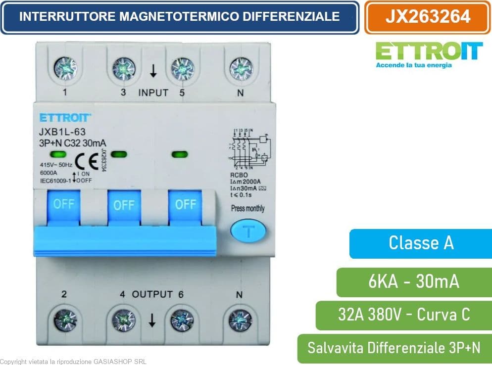 ETTROIT INTERRUTTORE MAGNETOTERMICO DIFFERENZIALE SALVAVITA CLASSE A PER BARRA DIN 4 MODULI 3P+N 32A 30mA 380V-6KA - 2