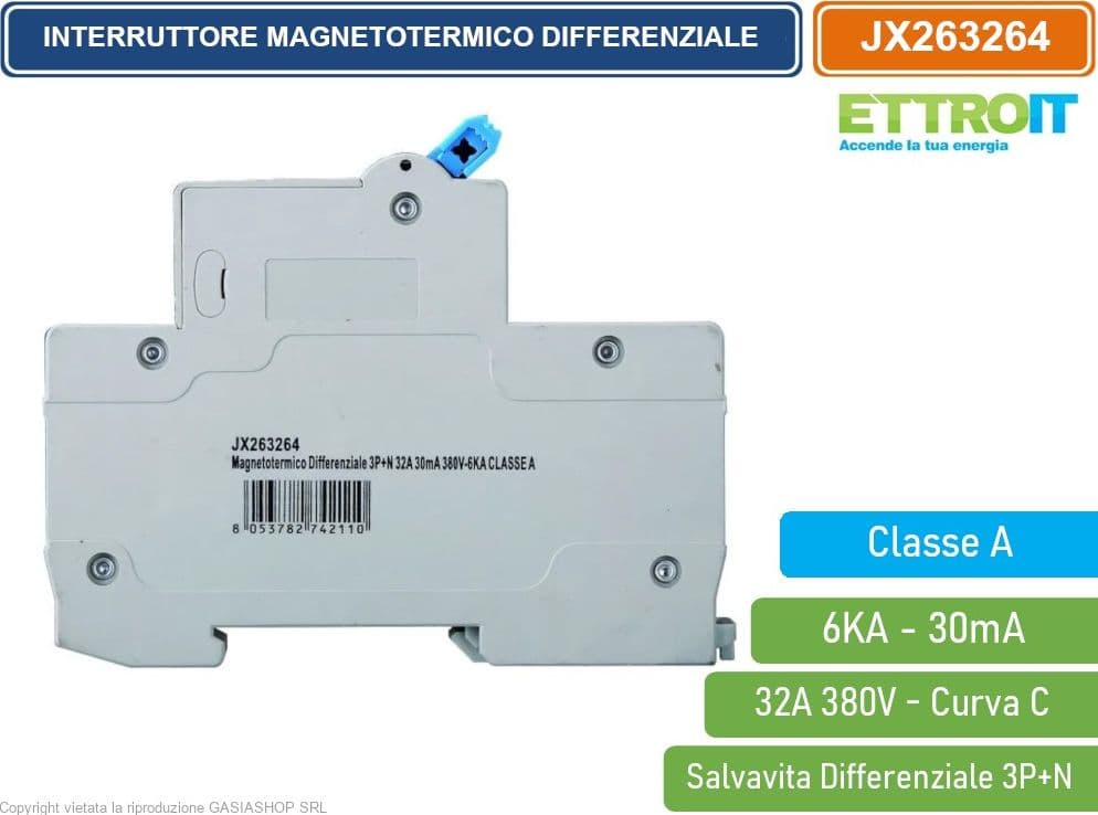 ETTROIT INTERRUTTORE MAGNETOTERMICO DIFFERENZIALE SALVAVITA CLASSE A PER BARRA DIN 4 MODULI 3P+N 32A 30mA 380V-6KA - 3
