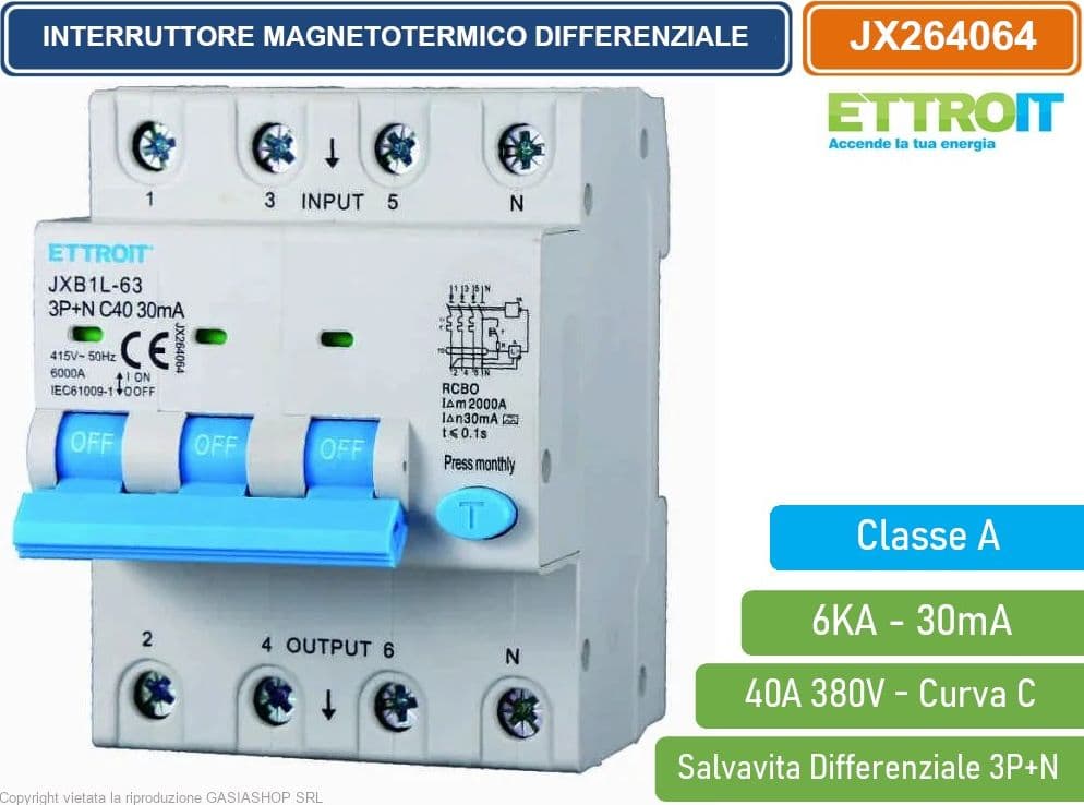ETTROIT INTERRUTTORE MAGNETOTERMICO DIFFERENZIALE SALVAVITA CLASSE A PER BARRA DIN 4 MODULI 3P+N 40A 30mA 380V-6KA