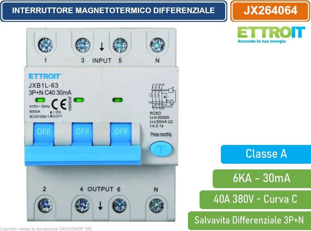 ETTROIT INTERRUTTORE MAGNETOTERMICO DIFFERENZIALE SALVAVITA CLASSE A PER BARRA DIN 4 MODULI 3P+N 40A 30mA 380V-6KA - 2