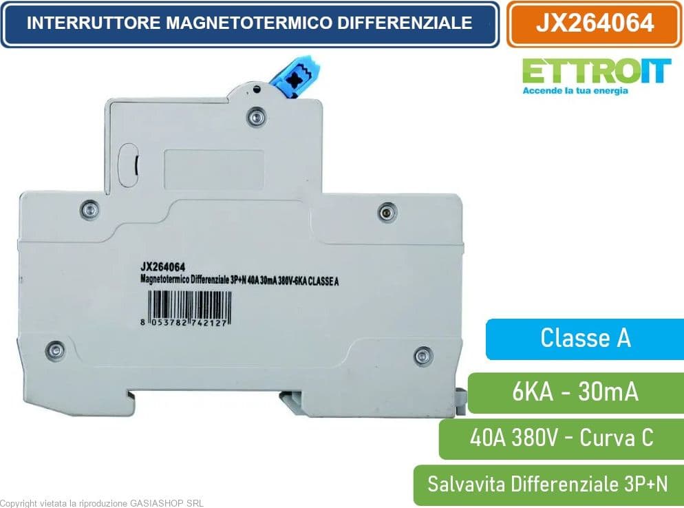 ETTROIT INTERRUTTORE MAGNETOTERMICO DIFFERENZIALE SALVAVITA CLASSE A PER BARRA DIN 4 MODULI 3P+N 40A 30mA 380V-6KA - 3