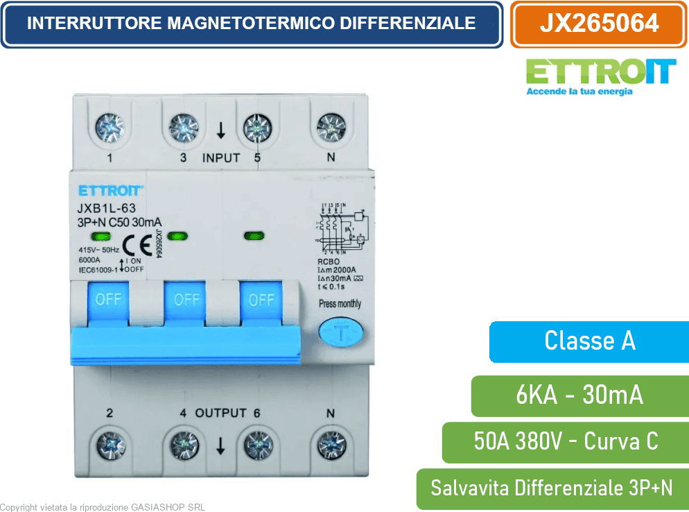 ETTROIT INTERRUTTORE MAGNETOTERMICO DIFFERENZIALE SALVAVITA CLASSE A PER BARRA DIN 4 MODULI 3P+N 50A 30mA 380V-6KA - 2