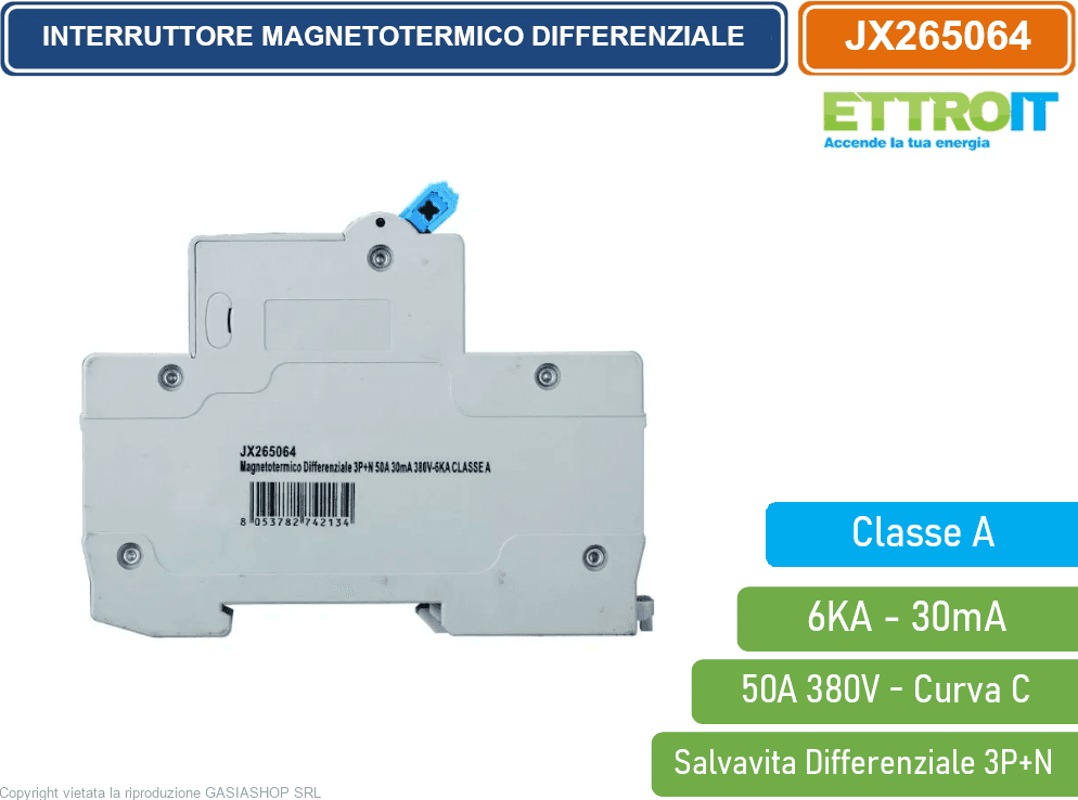 ETTROIT INTERRUTTORE MAGNETOTERMICO DIFFERENZIALE SALVAVITA CLASSE A PER BARRA DIN 4 MODULI 3P+N 50A 30mA 380V-6KA - 3