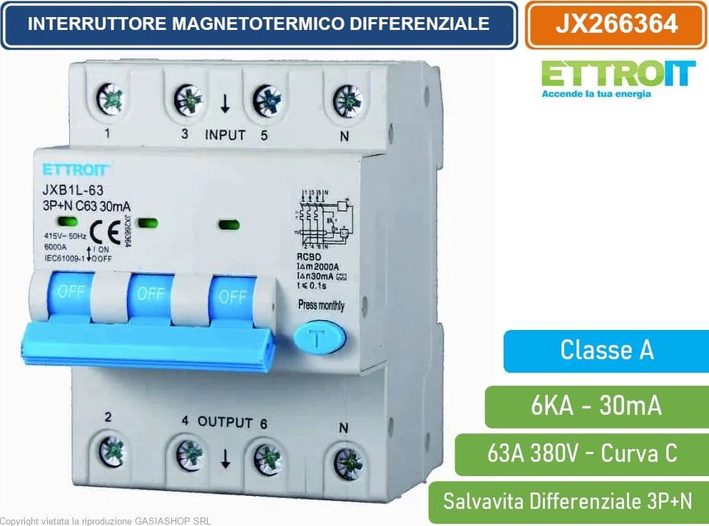 ETTROIT INTERRUTTORE MAGNETOTERMICO DIFFERENZIALE SALVAVITA CLASSE A PER BARRA DIN 4 MODULI 3P+N 63A 30mA 380V-6KA