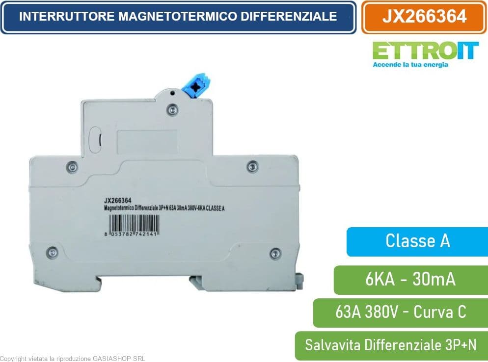 ETTROIT INTERRUTTORE MAGNETOTERMICO DIFFERENZIALE SALVAVITA CLASSE A PER BARRA DIN 4 MODULI 3P+N 63A 30mA 380V-6KA - 3