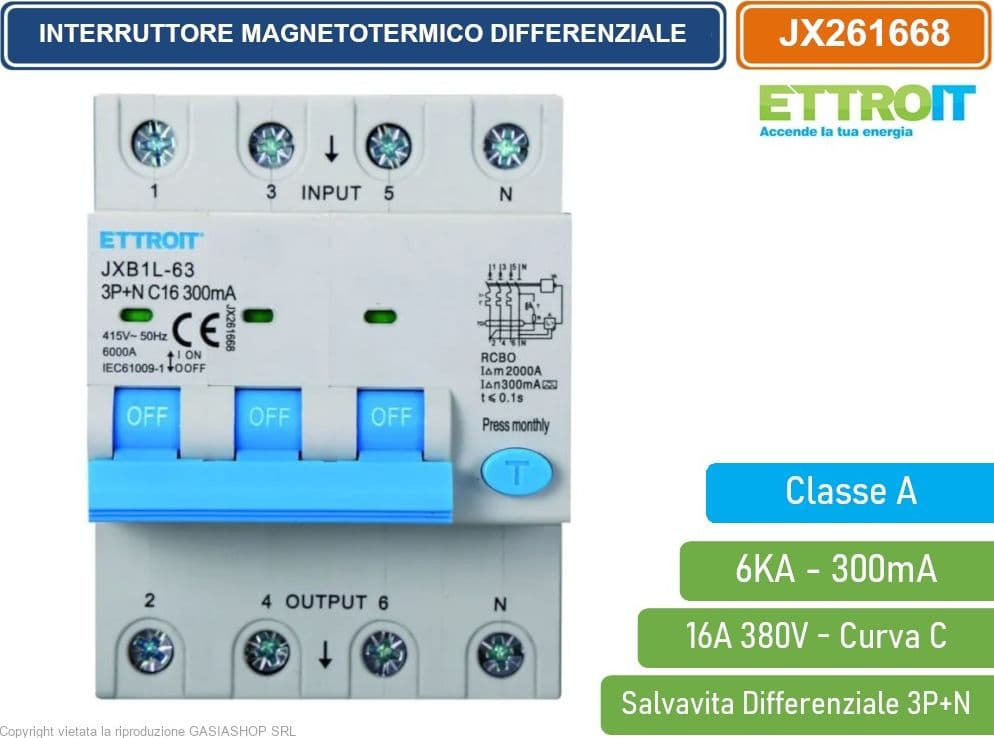 ETTROIT INTERRUTTORE MAGNETOTERMICO DIFFERENZIALE SALVAVITA CLASSE A PER BARRA DIN 4 MODULI 3P+N 16A 300mA 380V-6KA - 2