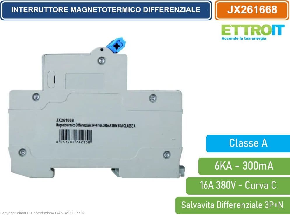 ETTROIT INTERRUTTORE MAGNETOTERMICO DIFFERENZIALE SALVAVITA CLASSE A PER BARRA DIN 4 MODULI 3P+N 16A 300mA 380V-6KA - 3