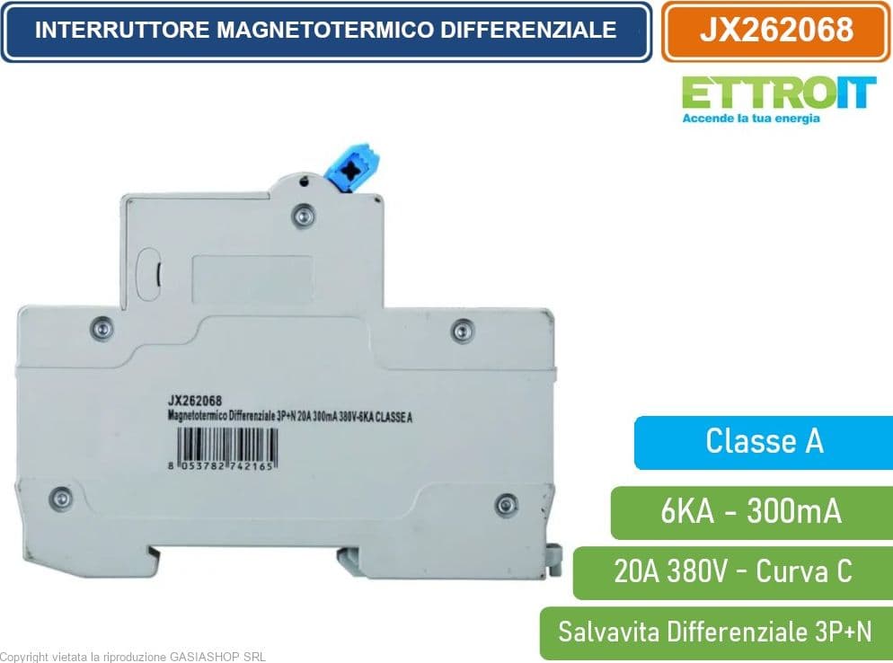ETTROIT INTERRUTTORE MAGNETOTERMICO DIFFERENZIALE SALVAVITA CLASSE A PER BARRA DIN 4 MODULI 3P+N 20A 300mA 380V-6KA - 3