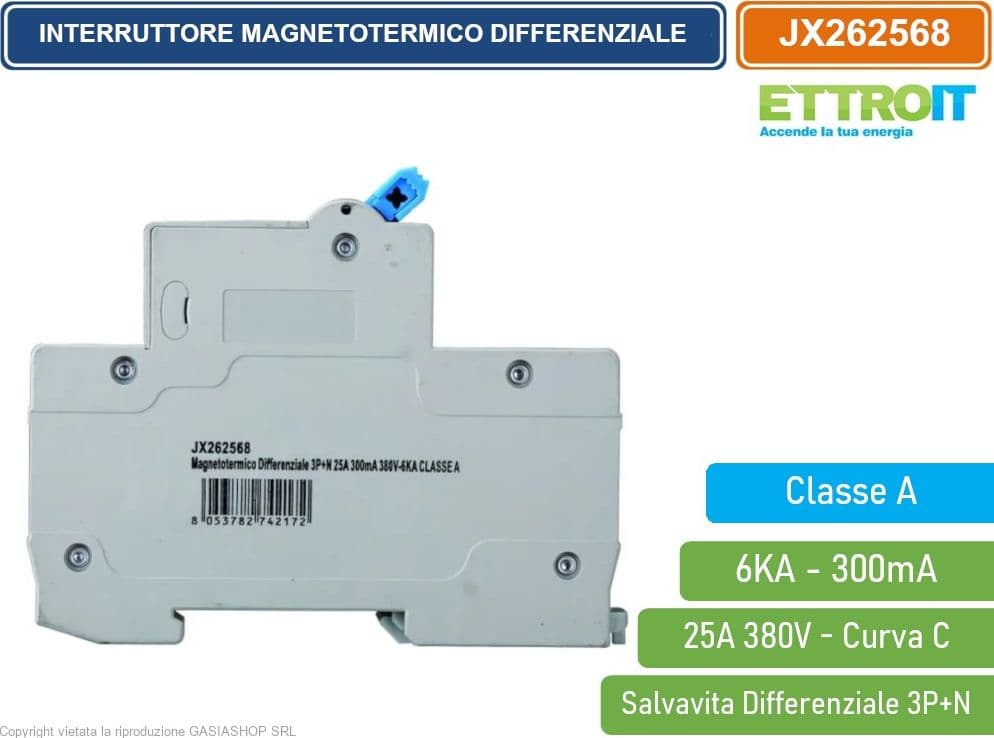 ETTROIT INTERRUTTORE MAGNETOTERMICO DIFFERENZIALE SALVAVITA CLASSE A PER BARRA DIN 4 MODULI 3P+N 25A 300mA 380V-6KA - 2