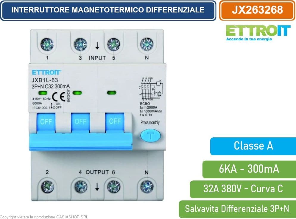 ETTROIT INTERRUTTORE MAGNETOTERMICO DIFFERENZIALE SALVAVITA CLASSE A PER BARRA DIN 4 MODULI 3P+N 32A 300mA 380V-6KA - 2