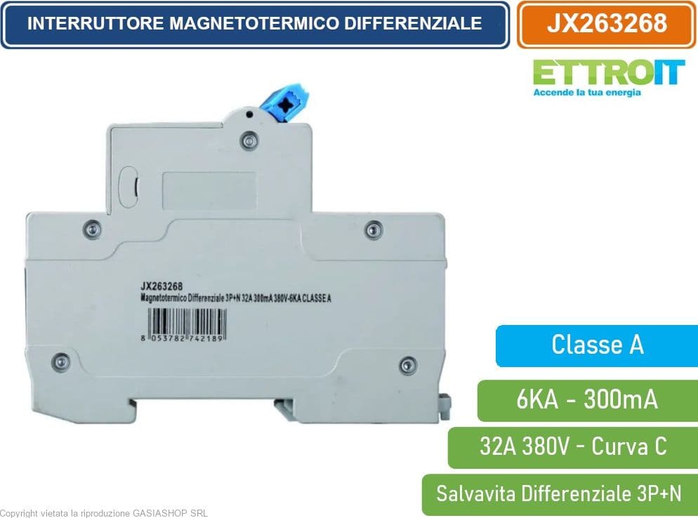 ETTROIT INTERRUTTORE MAGNETOTERMICO DIFFERENZIALE SALVAVITA CLASSE A PER BARRA DIN 4 MODULI 3P+N 32A 300mA 380V-6KA - 3