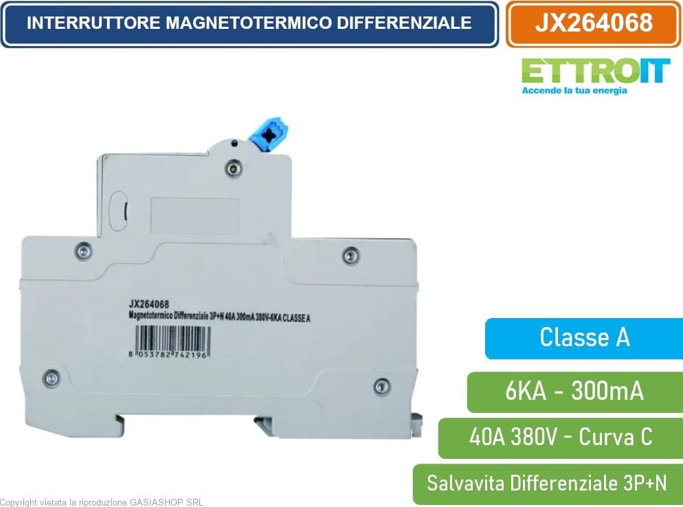ETTROIT INTERRUTTORE MAGNETOTERMICO DIFFERENZIALE SALVAVITA CLASSE A PER BARRA DIN 4 MODULI 3P+N 40A 300mA 380V-6KA - 3