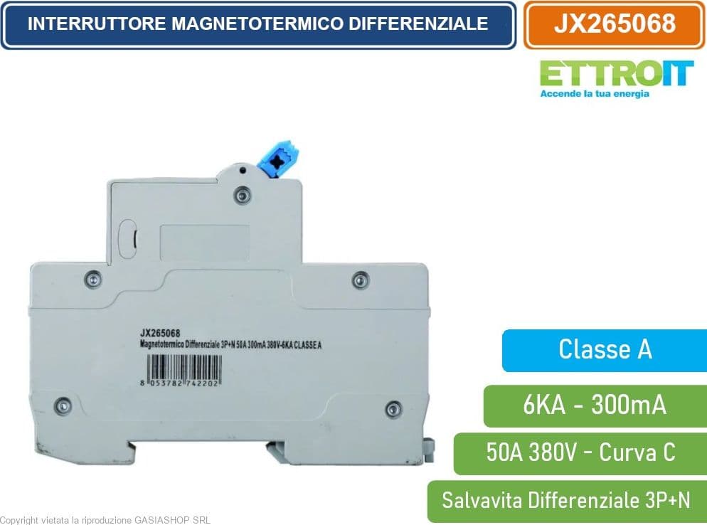 ETTROIT INTERRUTTORE MAGNETOTERMICO DIFFERENZIALE SALVAVITA CLASSE A PER BARRA DIN 4 MODULI 3P+N 50A 300mA 380V-6KA - 3