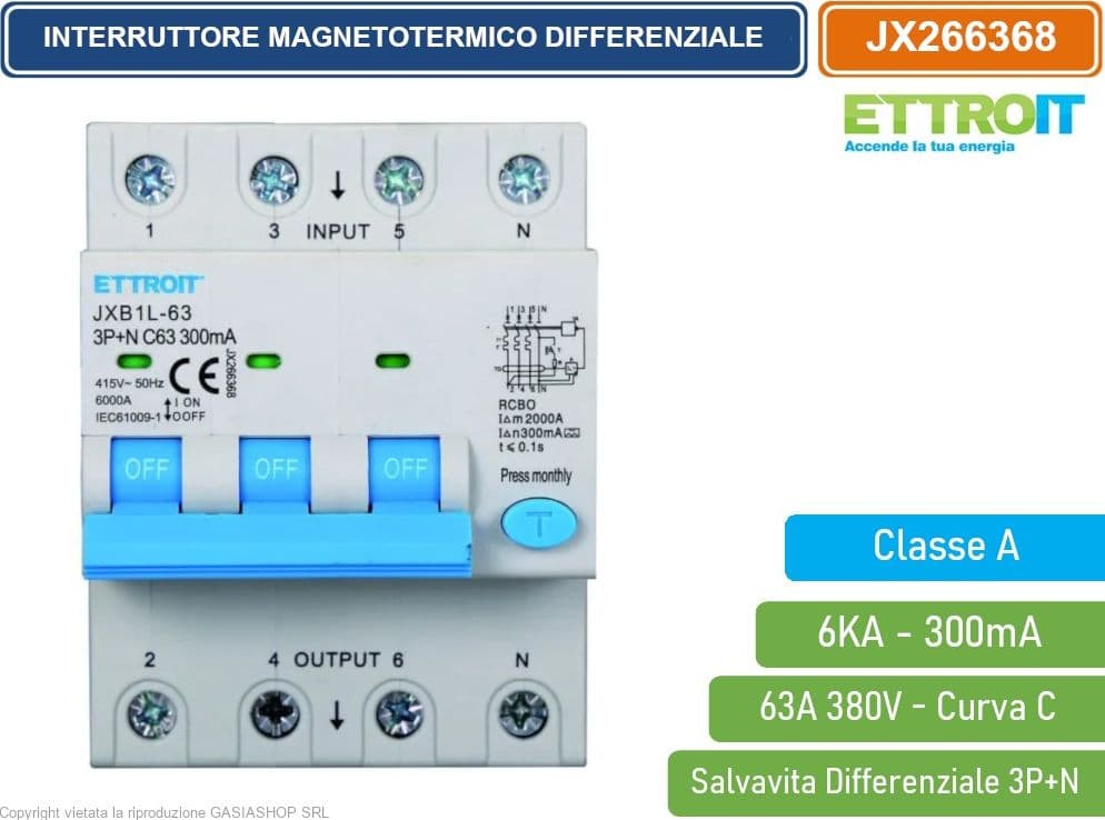 ETTROIT INTERRUTTORE MAGNETOTERMICO DIFFERENZIALE SALVAVITA CLASSE A PER BARRA DIN 4 MODULI 3P+N 63A 300mA 380V-6KA - 2