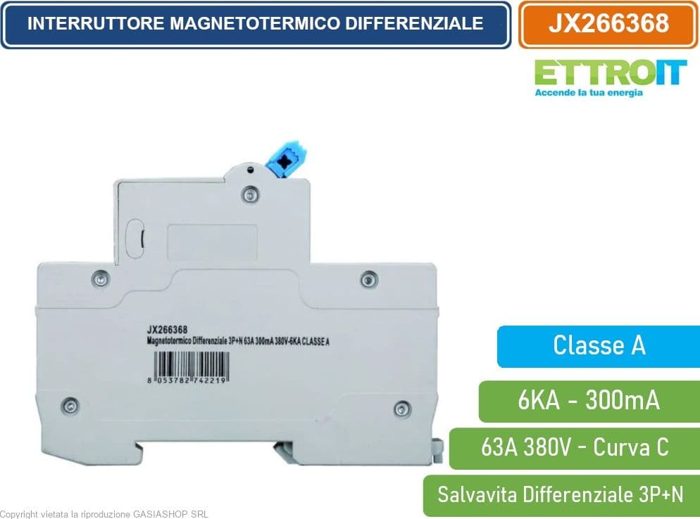 ETTROIT INTERRUTTORE MAGNETOTERMICO DIFFERENZIALE SALVAVITA CLASSE A PER BARRA DIN 4 MODULI 3P+N 63A 300mA 380V-6KA - 3