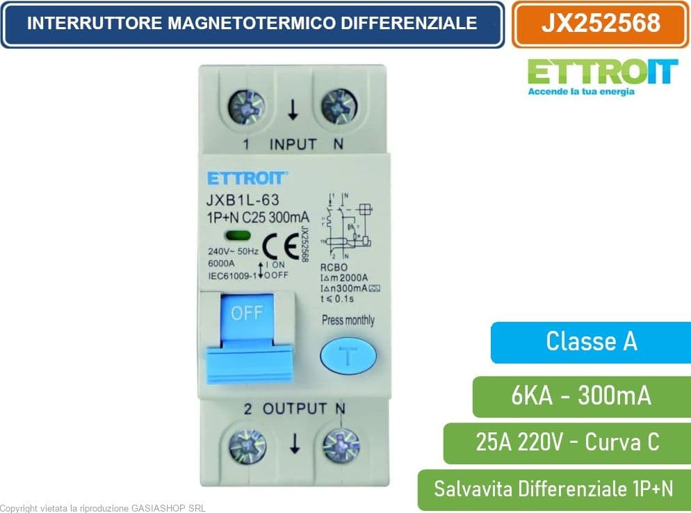 ETTROIT INTERRUTTORE MAGNETOTERMICO DIFFERENZIALE SALVAVITA CLASSE A PER BARRA DIN 2 MODULI 1P+N 25A 300mA 220V-6KA - 2