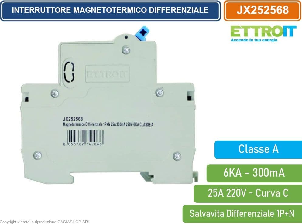 ETTROIT INTERRUTTORE MAGNETOTERMICO DIFFERENZIALE SALVAVITA CLASSE A PER BARRA DIN 2 MODULI 1P+N 25A 300mA 220V-6KA - 3