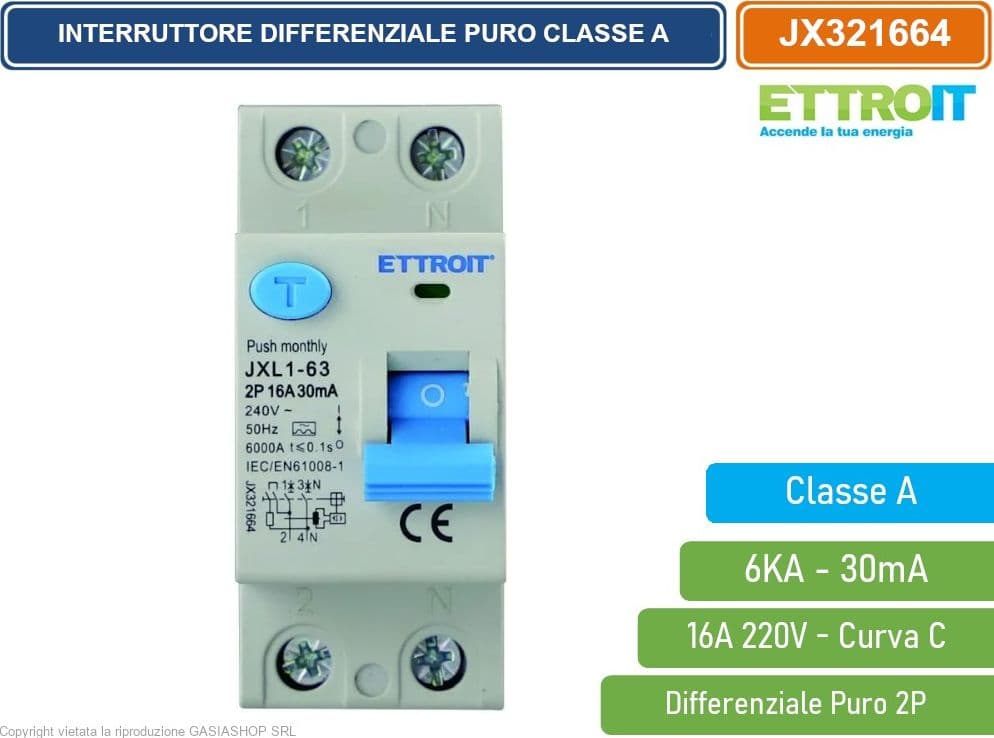 ETTROIT INTERRUTTORE DIFFERENZIALE PURO SALVAVITA PER BARRA DIN 2 MODULI 2P 16A 220V 30mA 6KA CLASSE A - 2