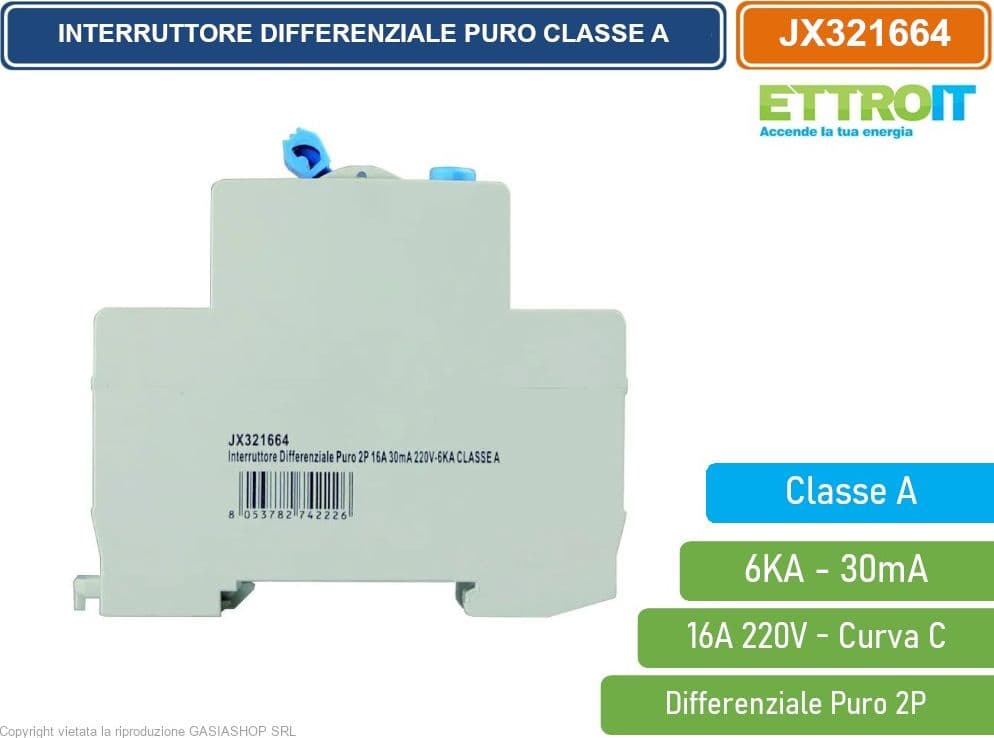 ETTROIT INTERRUTTORE DIFFERENZIALE PURO SALVAVITA PER BARRA DIN 2 MODULI 2P 16A 220V 30mA 6KA CLASSE A - 3