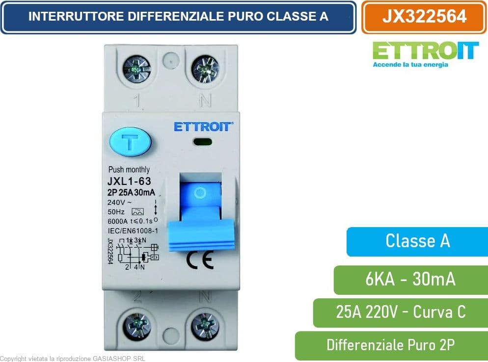 ETTROIT INTERRUTTORE DIFFERENZIALE PURO SALVAVITA PER BARRA DIN 2 MODULI 2P 25A 220V 30mA 6KA CLASSE A - 2