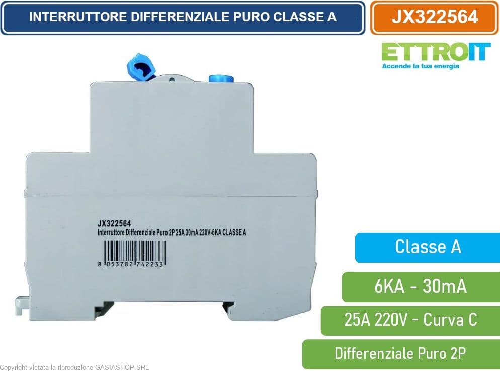 ETTROIT INTERRUTTORE DIFFERENZIALE PURO SALVAVITA PER BARRA DIN 2 MODULI 2P 25A 220V 30mA 6KA CLASSE A - 3