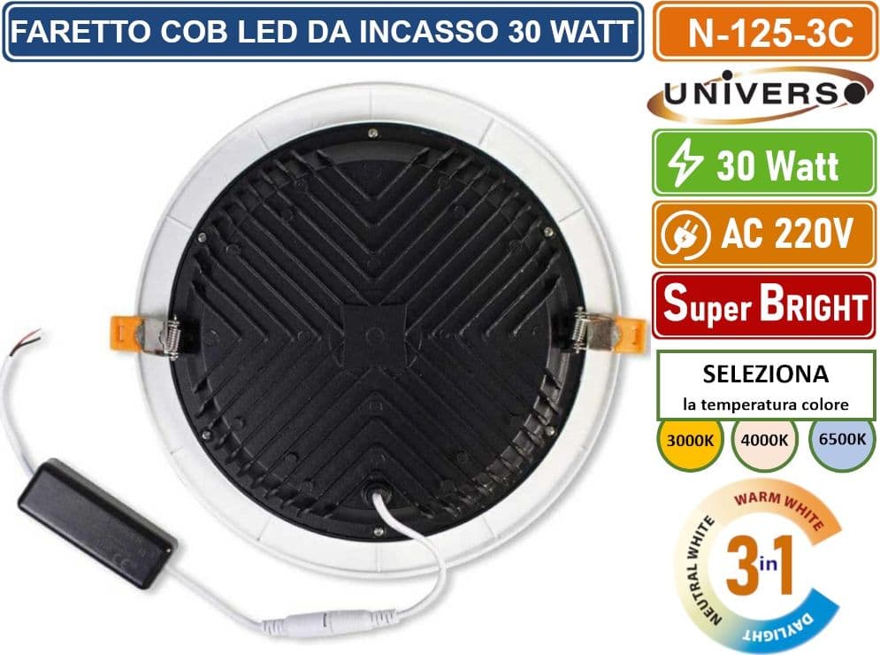 UNIVERSO N-215-3C FARETTO LED DA INCASSO ROTONDO 30W COB DOWNLIGHT COLORE BIANCO CCT SWITCH CAMBIA COLORE LUCE - 2