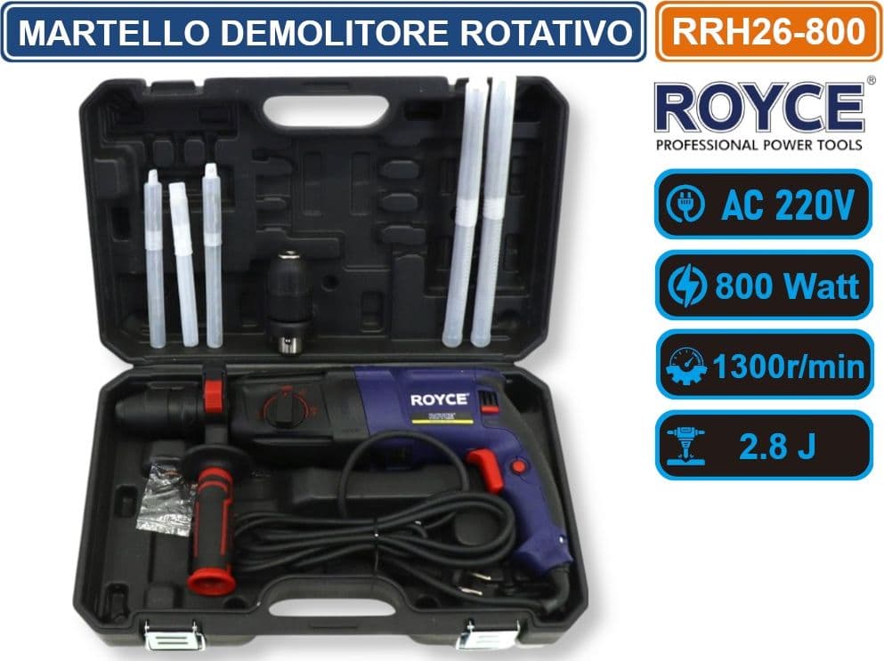 MARTELLO ROTATIVO DEMOLITORE PERCUSSIONE TASSELLATORE 800 WATT SDS PLUS FORO RRH26 1300r/min - 2