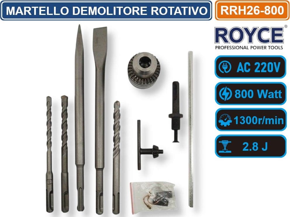 MARTELLO ROTATIVO DEMOLITORE PERCUSSIONE TASSELLATORE 800 WATT SDS PLUS FORO RRH26 1300r/min - 3