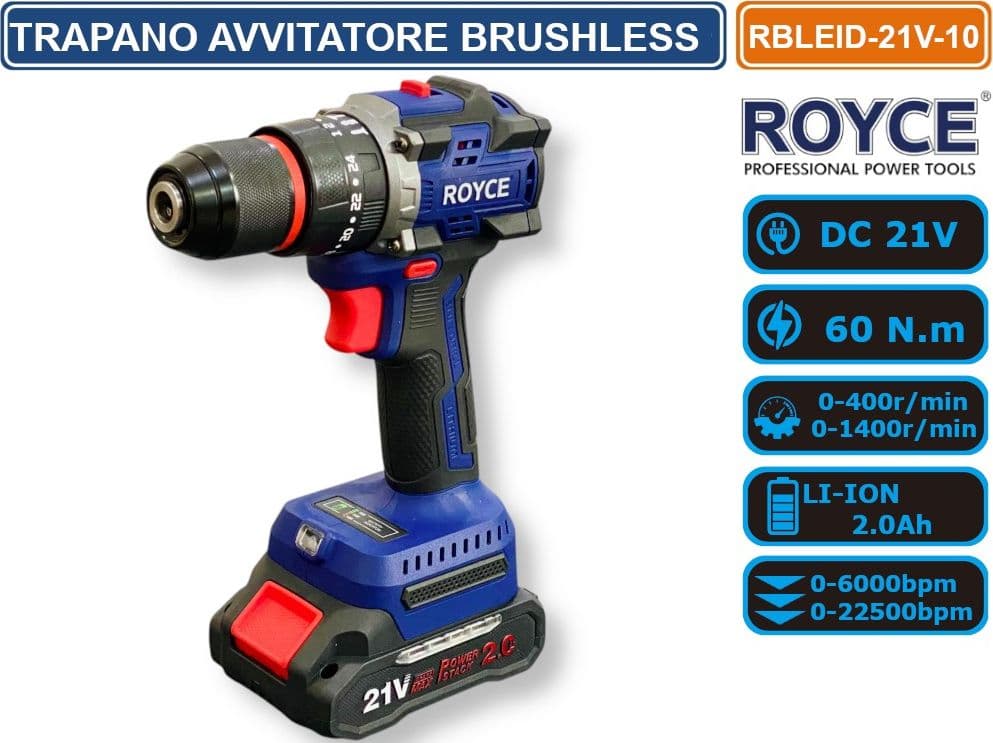 ROYCE RBLEID-21V-10 TRAPANO AVVITATORE CON DOPPIA BATTERIA AL LITIO DA 21V 2AH MOTORE DIGITALE MOTORE BRUSHLESS 60N.m - 2