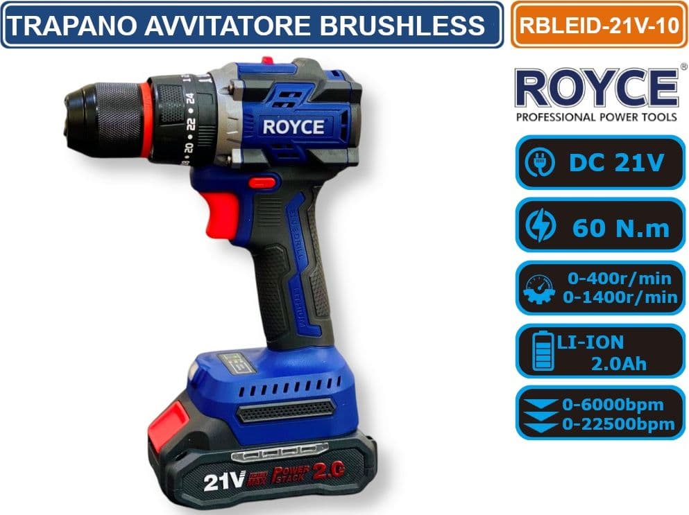 ROYCE RBLEID-21V-10 TRAPANO AVVITATORE CON DOPPIA BATTERIA AL LITIO DA 21V 2AH MOTORE DIGITALE MOTORE BRUSHLESS 60N.m - 3