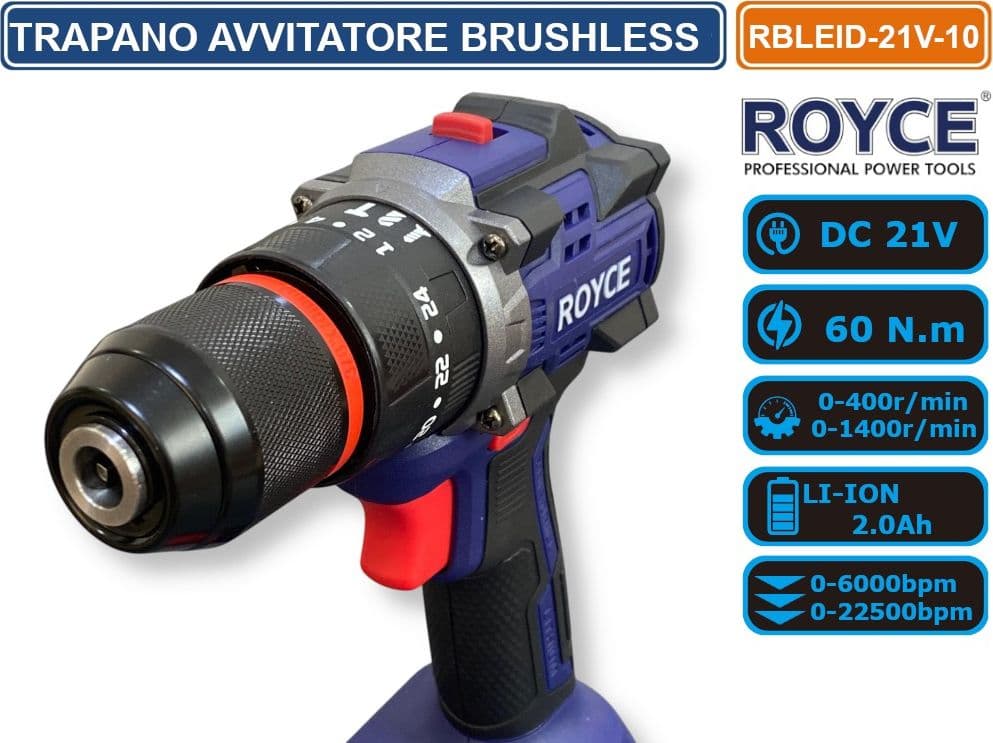 ROYCE RBLEID-21V-10 TRAPANO AVVITATORE CON DOPPIA BATTERIA AL LITIO DA 21V 2AH MOTORE DIGITALE MOTORE BRUSHLESS 60N.m - 4